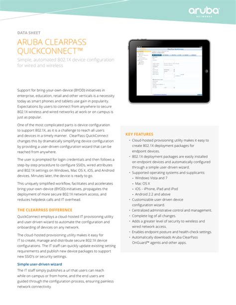 DATA SHEET ARUBA CLEARPASS QUICKCONNECT™.